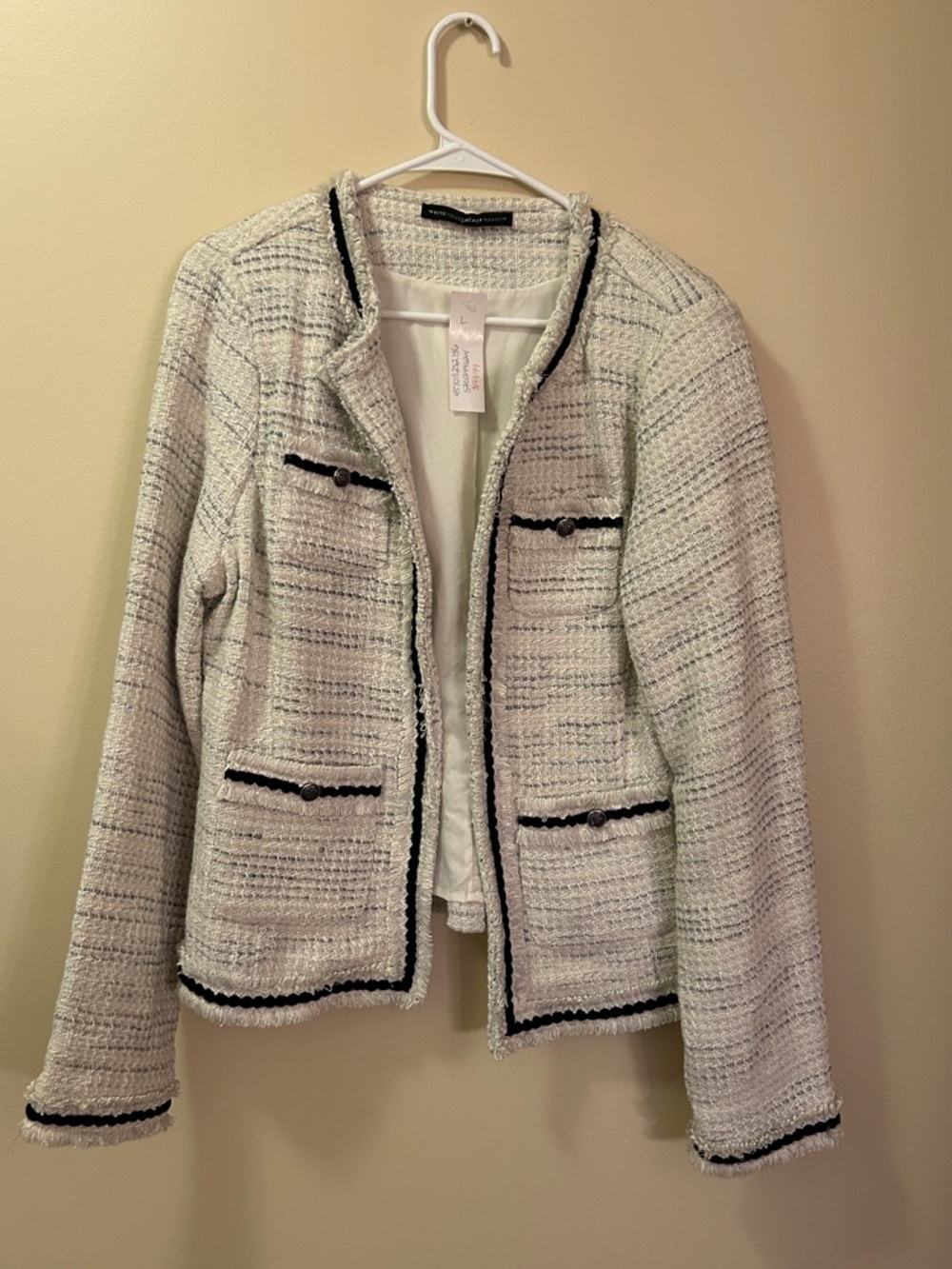 White House Black Market Cream Tweed Blazer Jacket Black Trim Size L